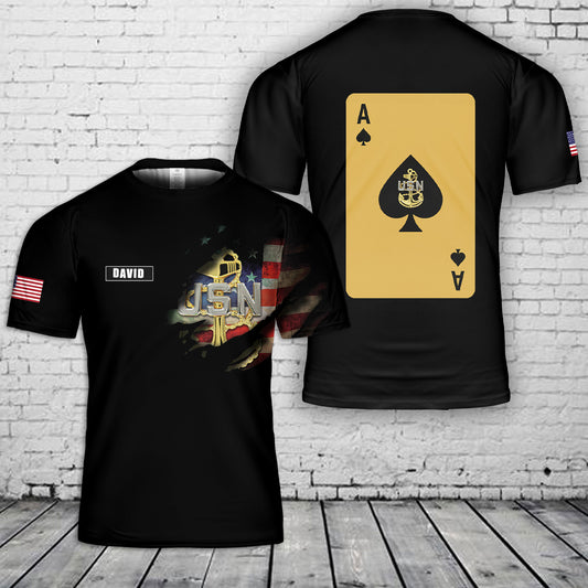 Custom Name US Navy CPO Ace of Spades 3D T-Shirt