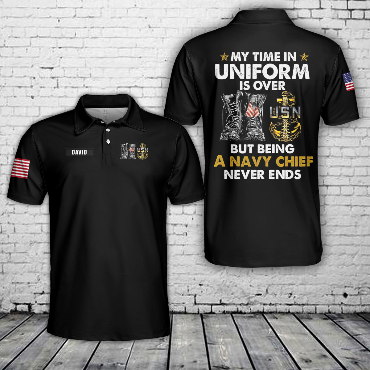 Custom Name US Navy Chief Anchor Backbone Polo Shirt