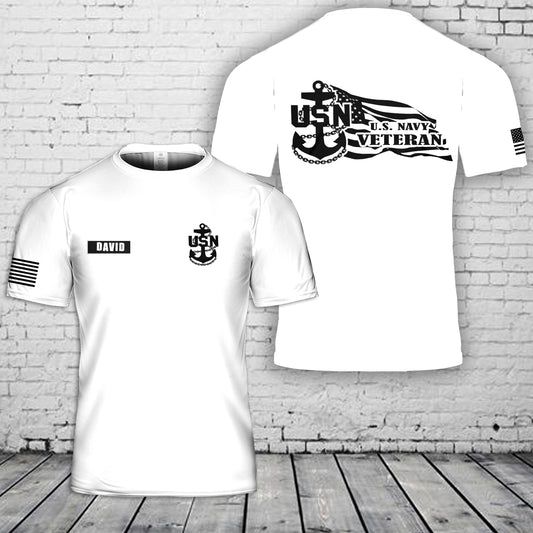 Custom Name US Navy Chief Anchor Veteran with American Flag 3D T-Shirt