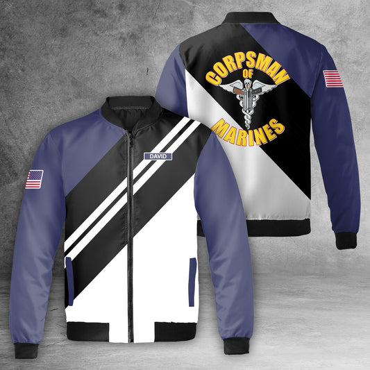 Custom Name US Navy Corpsman 8404 FMF Navy Veteran Memorial Day Fleece Bomber Jacket