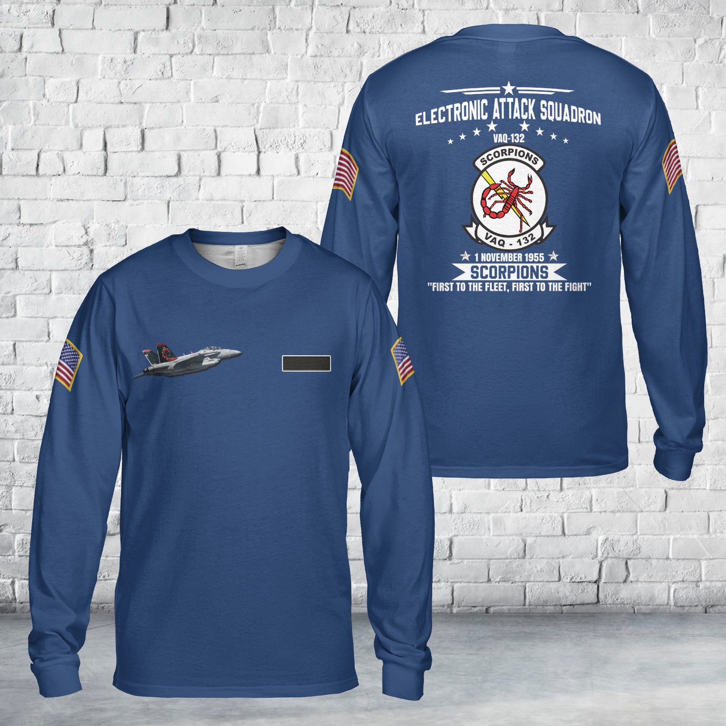 Custom Name US Navy EA-18G Of VAQ-132 "Scorpions" AOP Long Sleeve Shirt