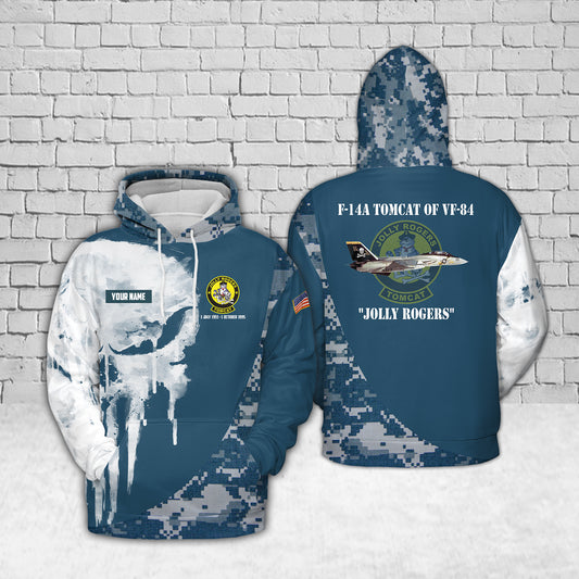 Custom Name US Navy F-14A Tomcat Of VF-84 (1955 - 1995) Jolly Rogers Hoodie 3D
