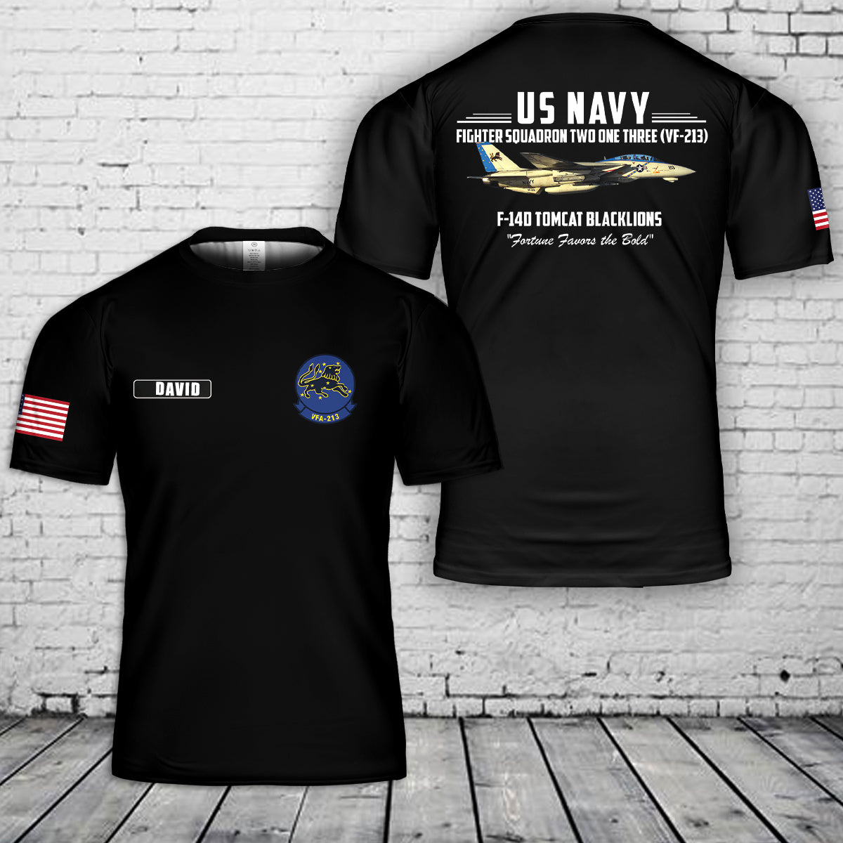 Custom Name US Navy Fighter Squadron Two One Three (VF-213), F-14D Tomcat Blacklions 3D T-Shirt