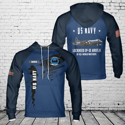 Custom Name US Navy Lockheed EP-3E ARIES II of VQ-1 World Watchers 3D Hoodie
