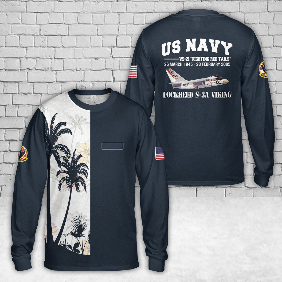Custom Name US Navy Lockheed S-3A Viking VS-21 Fighting Red Tails AOP Long Sleeve Shirt