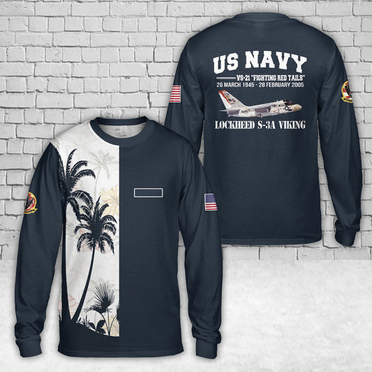 Custom Name US Navy Lockheed S-3A Viking VS-21 Fighting Red Tails AOP Long Sleeve Shirt