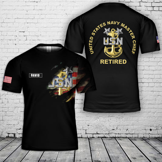 Custom Name US Navy Master Chief Anchor Insignia Retired 3D T-Shirt