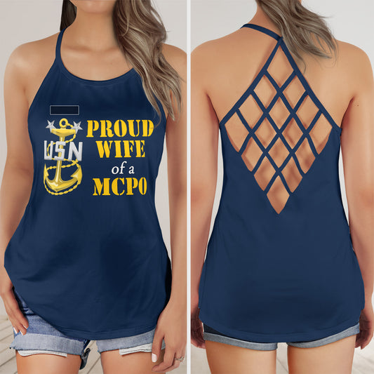 Custom Name US Navy Proud Wife of a MCPO (Master Chief Petter Office) AOP Criss Cross Open Back Tank Top