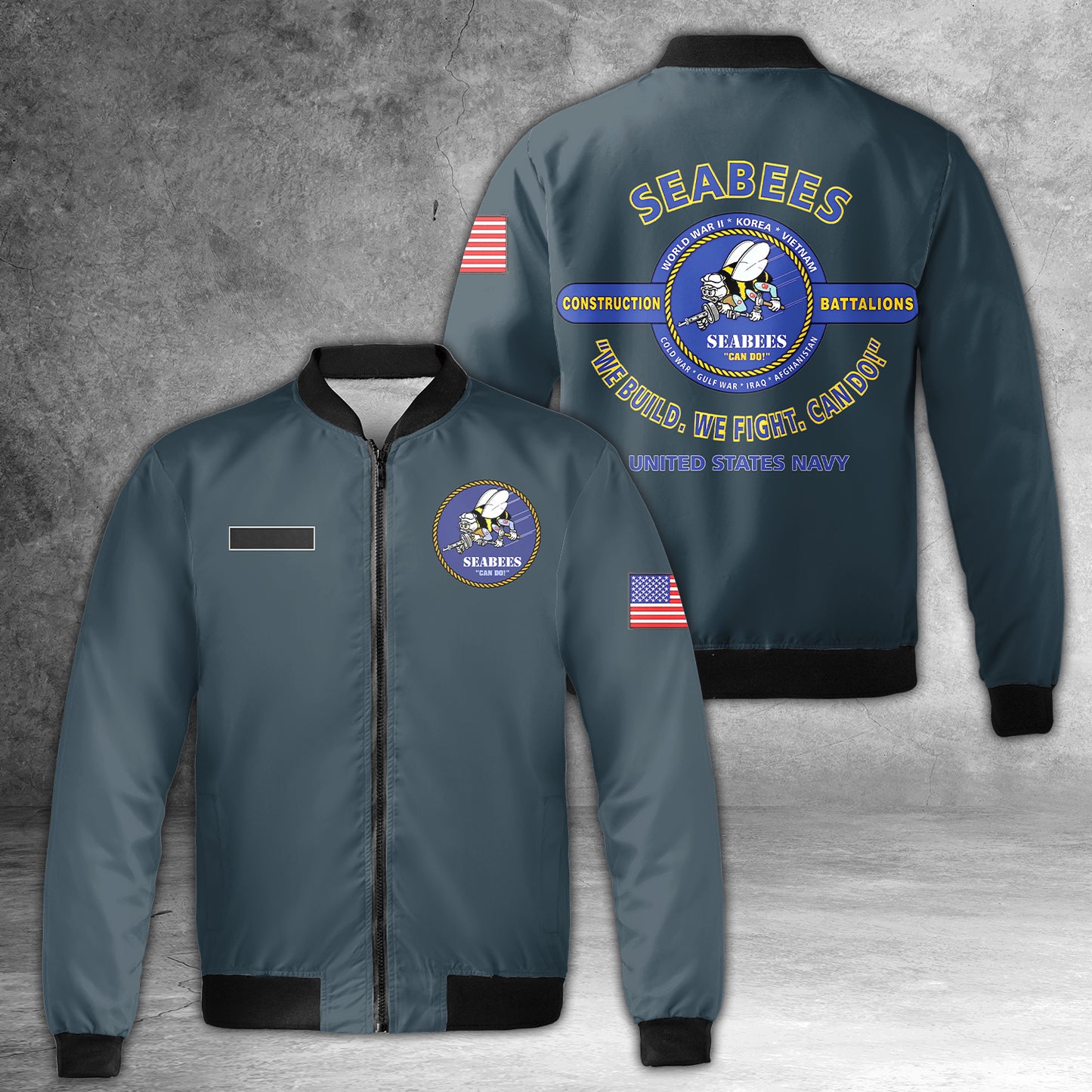 Custom Name US Navy SEABEES AOP Fleece Bomber Jacket