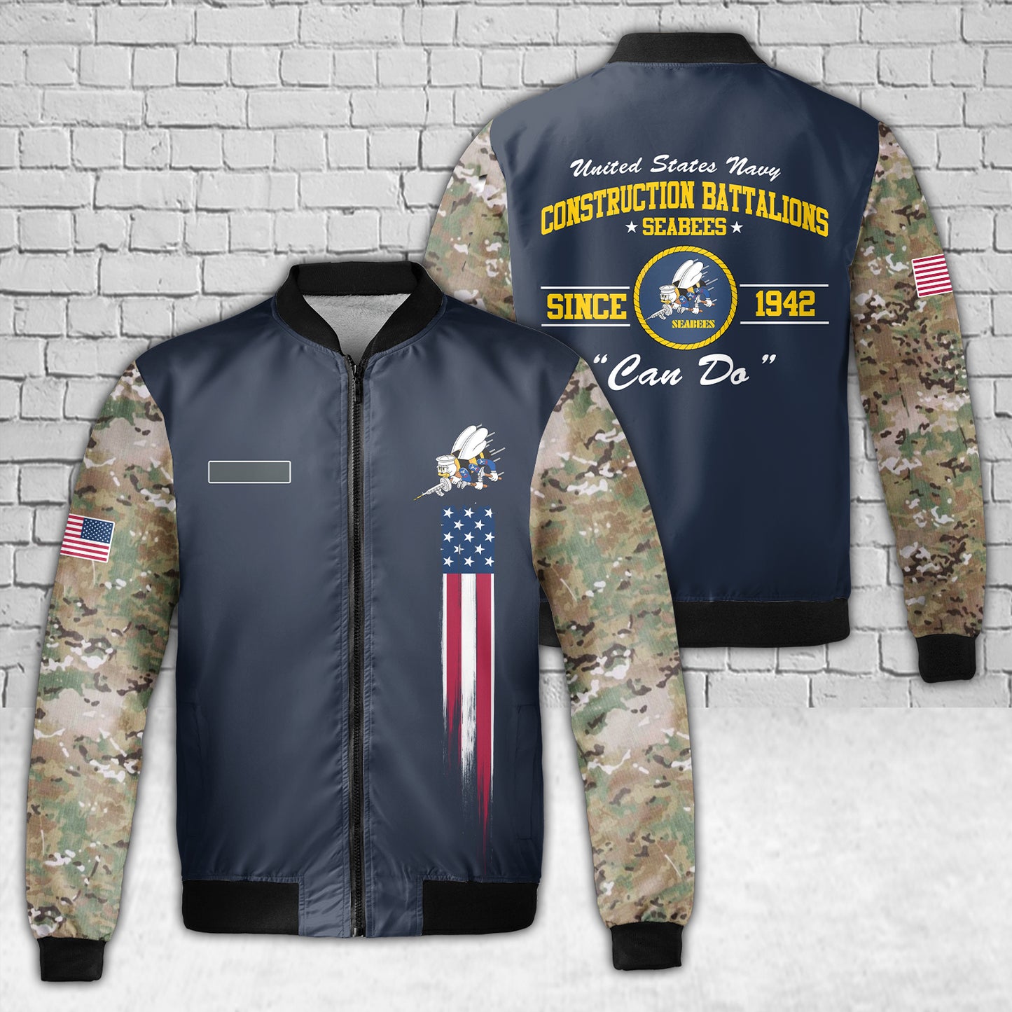 Custom Name US Navy SEABEES Naval Construction Force (NCF) Fleece Bomber Jacket 3D