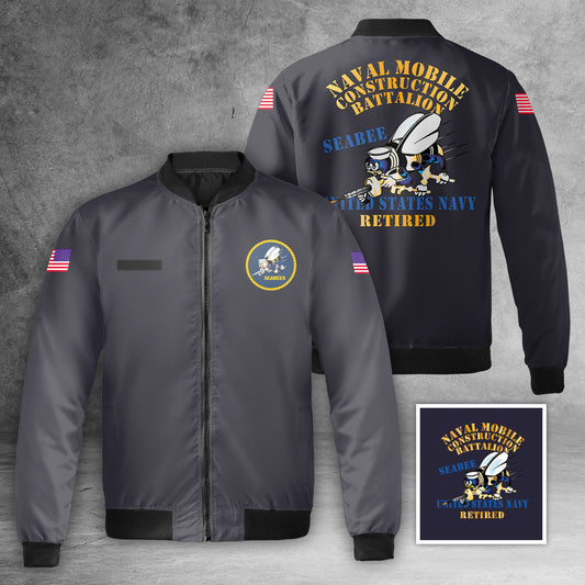 Custom Name US Navy SEABEES Naval Mobile Construction Battalion Retired AOP Fleece Bomber Jacket