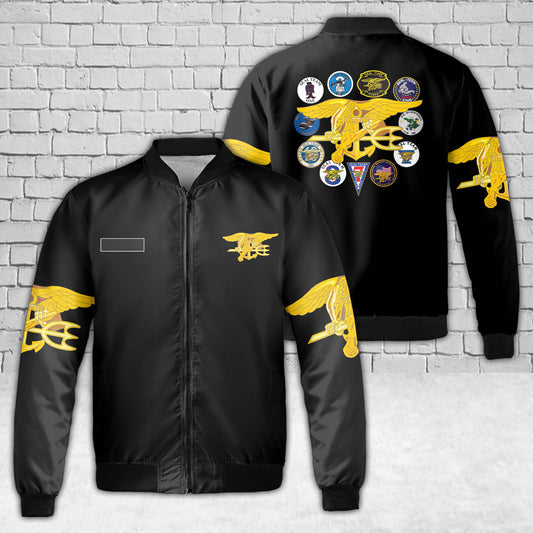 Custom Name US Navy SEAL Teams and Trident AOP Fleece Bomber Jacket