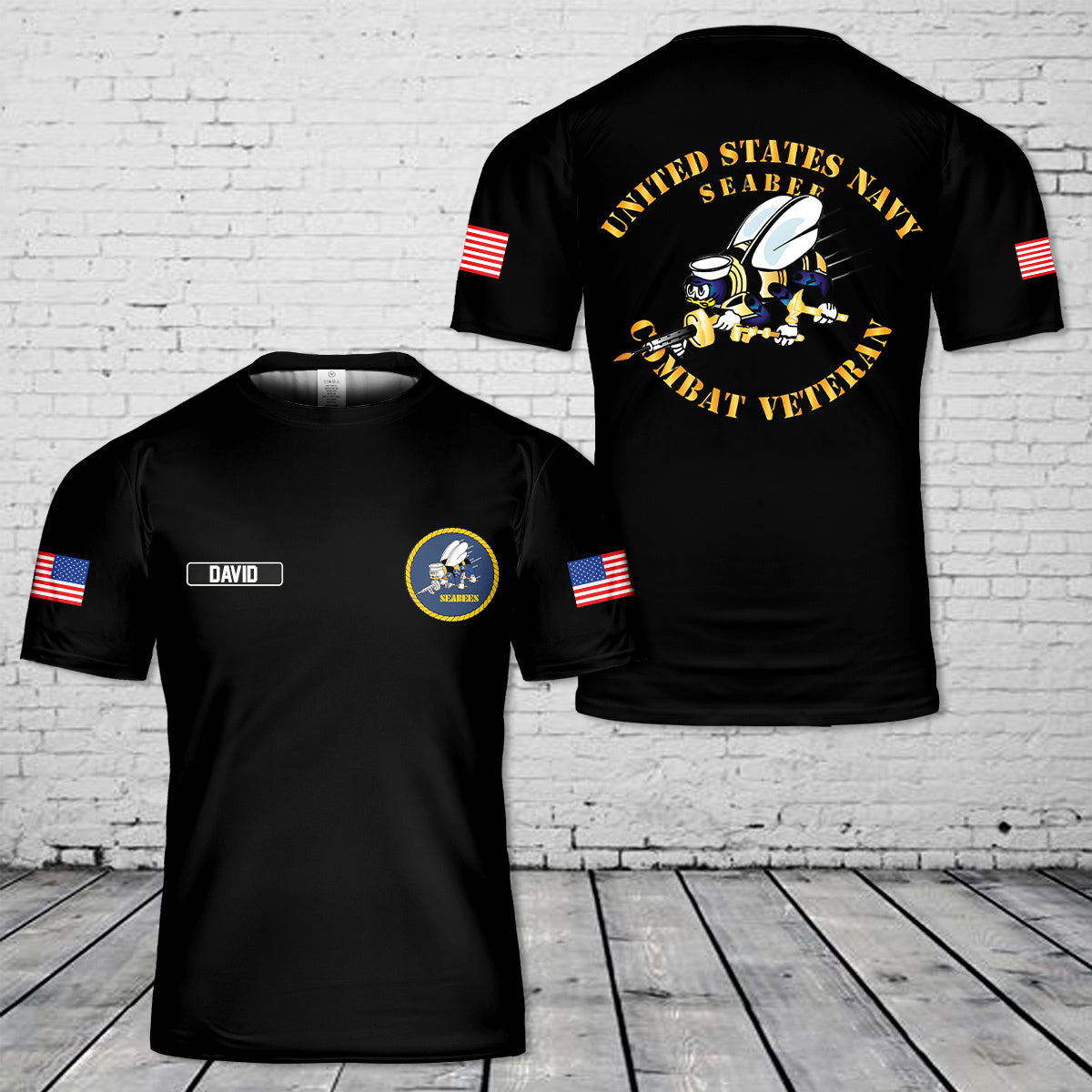Custom Name US Navy Seabee Combat Veteran T-Shirt 3D