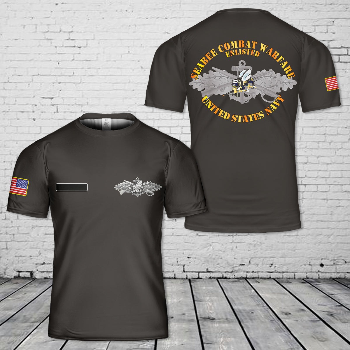 Custom Name US Navy Seabee Combat Warfare Enlisted Badge T-Shirt 3D