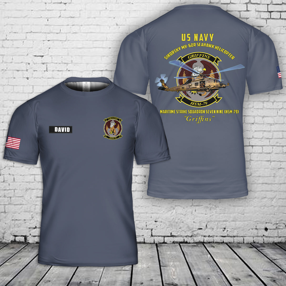 Custom Name US Navy Sikorsky MH-60R Seahawk Helicopter Maritime Strike Squadron Seven Nine (HSM-79) "Griffins" 3D T-Shirt
