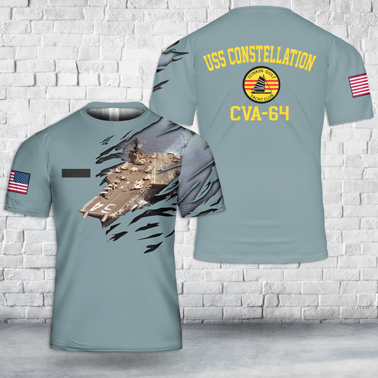 Custom Name US Navy USS Constellation CVA-64 Tonkin Gulf Yacht Club 7th Fleet Vietnam War T-Shirt 3D