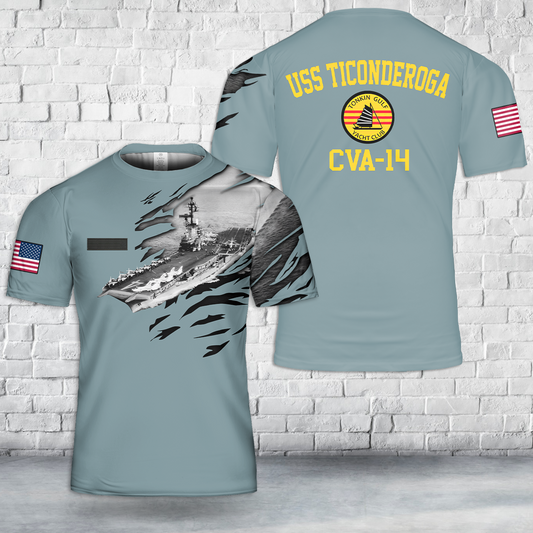 Custom Name US Navy USS Ticonderoga CVA-14 Tonkin Gulf Yacht Club 7th Fleet Vietnam War T-Shirt 3D