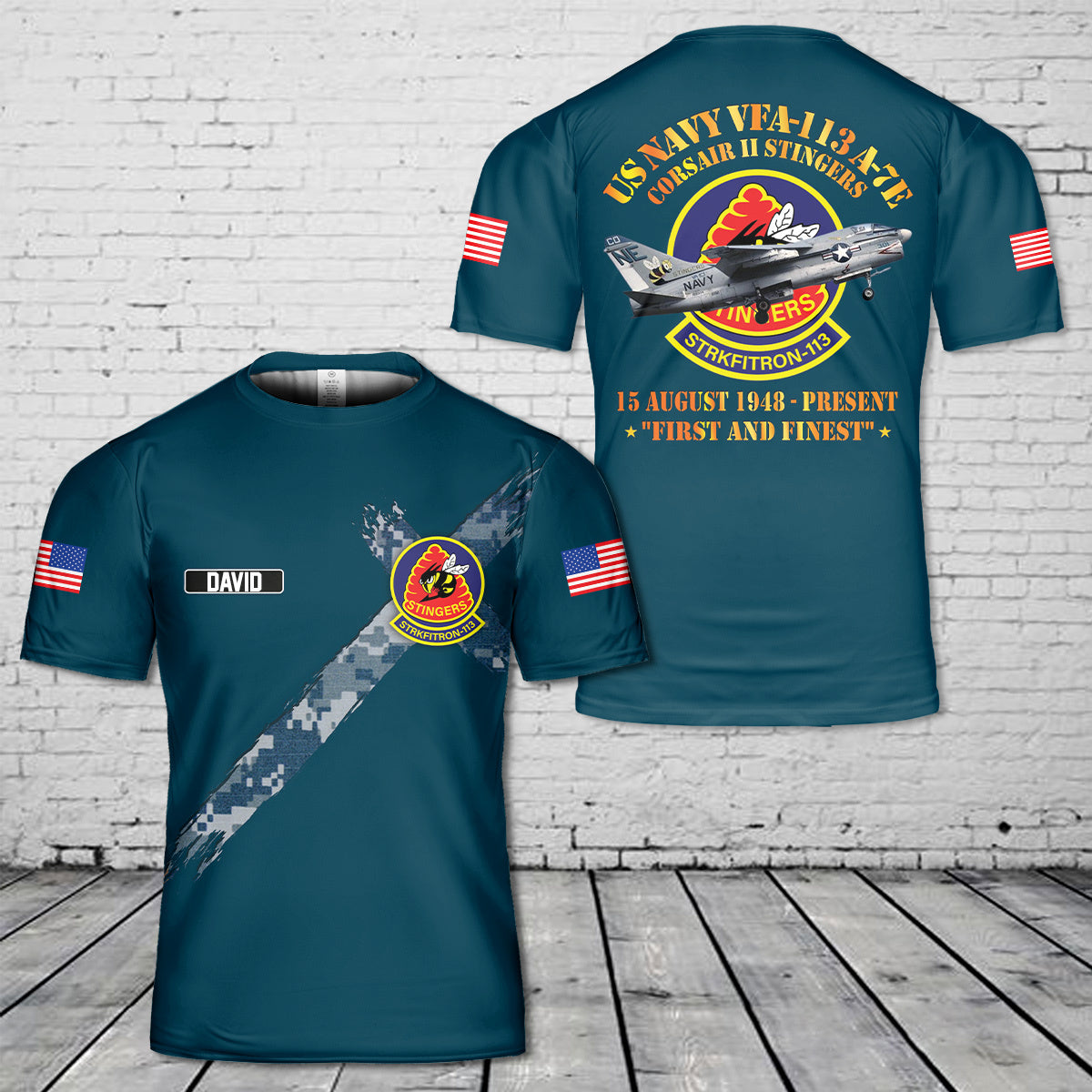 Custom Name US Navy VFA-113 A-7E Corsair II Stingers 3D T-Shirt