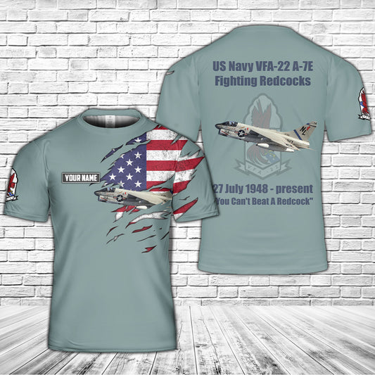 Custom Name US Navy VFA-22 A-7E Fighting Redcocks 3D T-Shirt