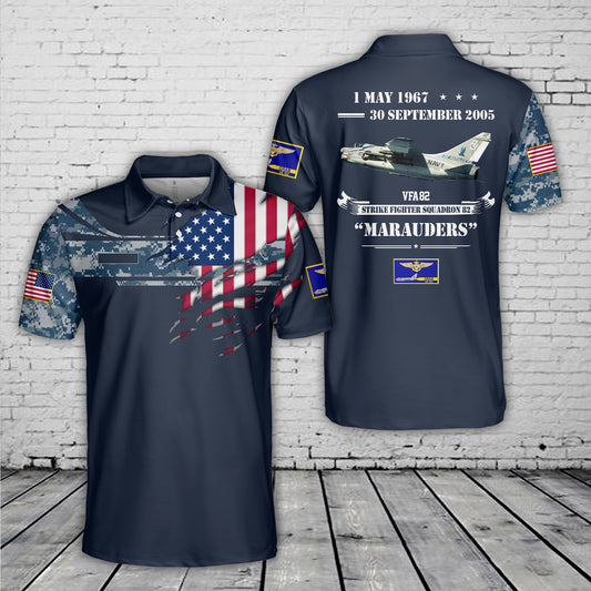 Custom Name US Navy VFA-82, Strike Fighter Squadron 82 Marauders A-7C AOP Polo Shirt