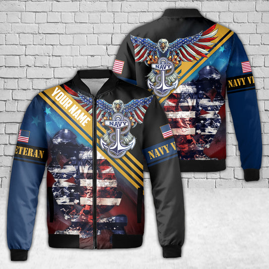 Custom Name US Navy Veteran AOP Fleece Bomber Jacket American Eagle Flag Veteran Day Gift Dad