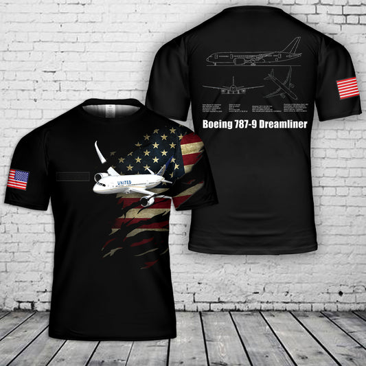 Custom Name United Airlines Boeing 787-9 Dreamliner T-Shirt 3D