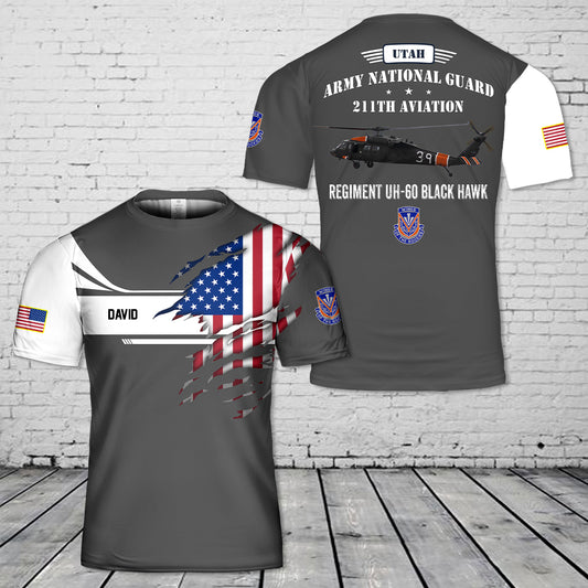Custom Name Utah Army National Guard 211th Aviation Regiment UH-60 Black Hawk 3D T-shirt