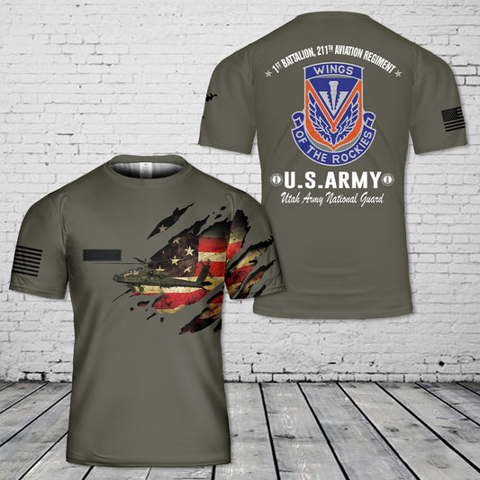 Custom Name Utah Army National Guard Battalion 211th Aviation Regiment 1st AH-64 Apache helicopter T-Shirt 3D