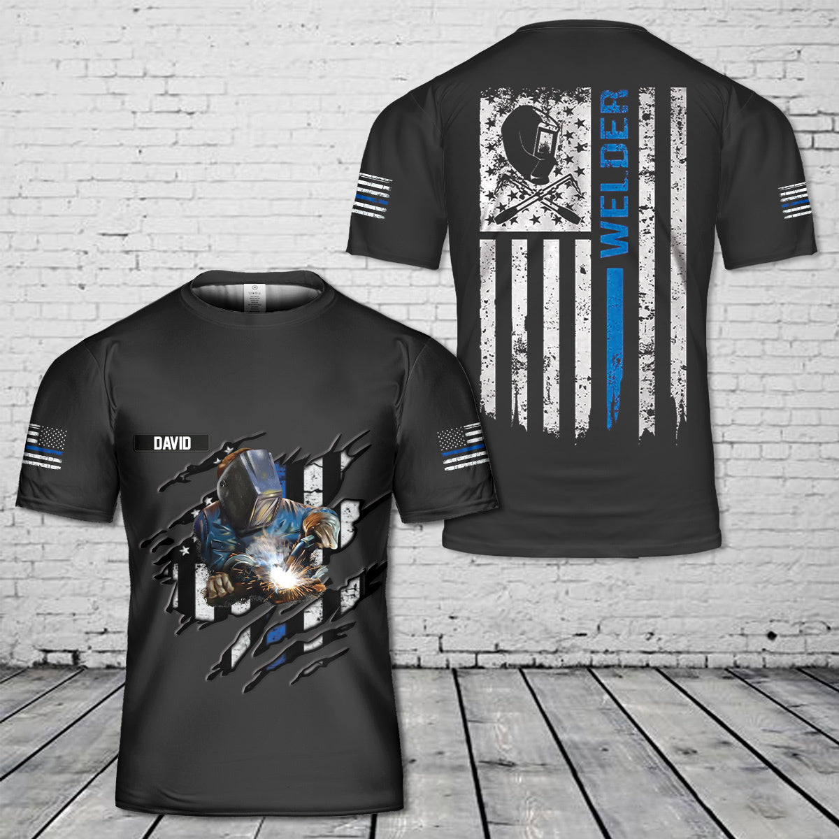 Custom Name Welder Thin Blue Line Flag 3D T-Shirt