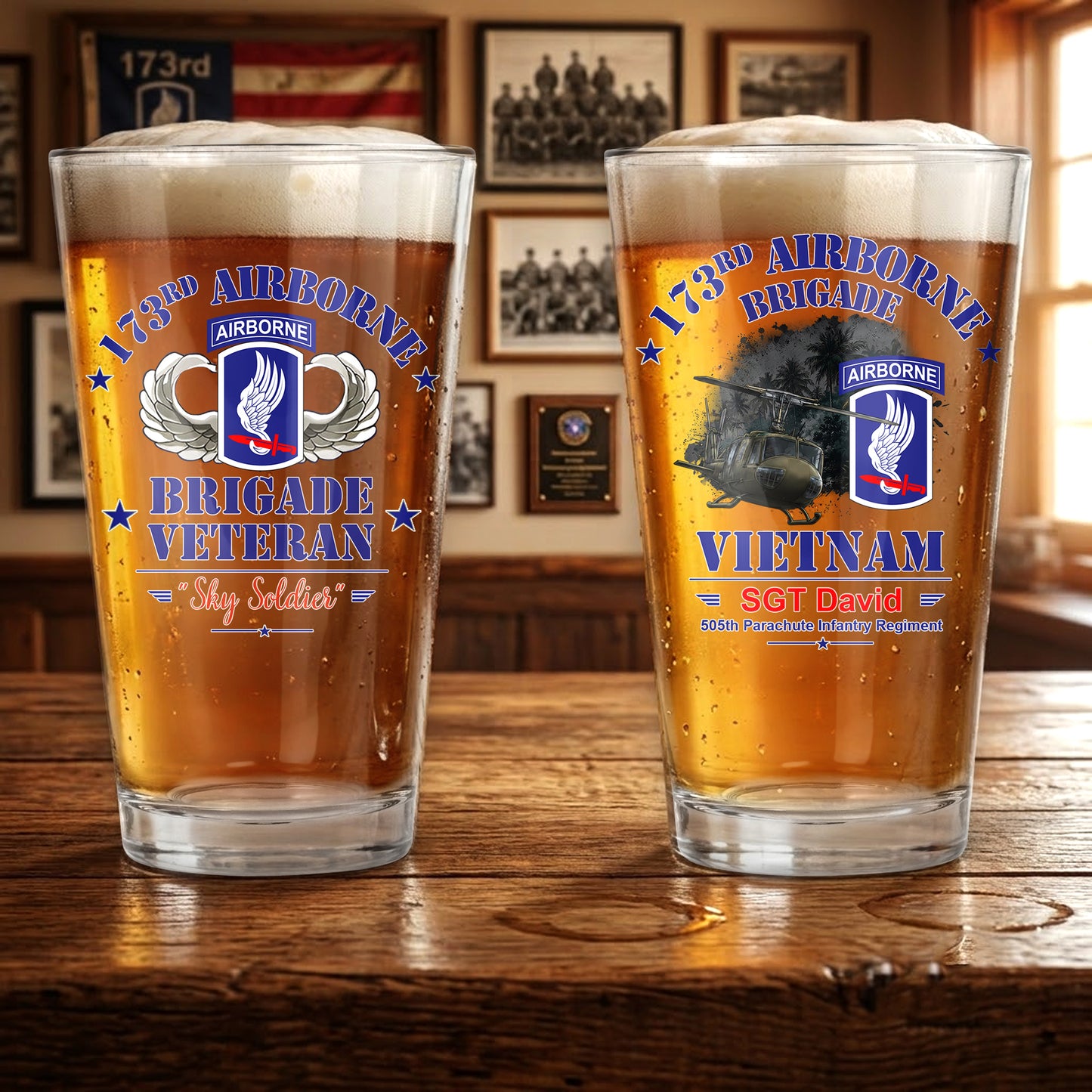 Custom Name& Rank US Army 173rd Airborne Brigade Vietnam Veteran Shirt UH-1 Huey 16oz Pint Beer Glass
