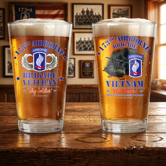 Custom Name& Rank US Army 173rd Airborne Brigade Vietnam Veteran Shirt UH-1 Huey 16oz Pint Beer Glass