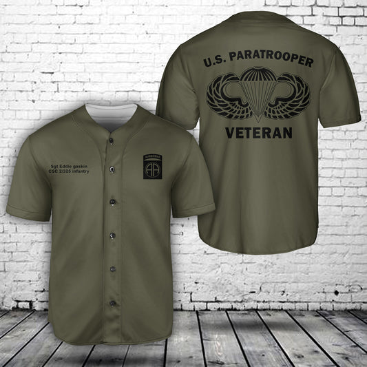 Custom Name, Rank & Unit US Army 82nd Airborne Paratrooper Baseball Jersey