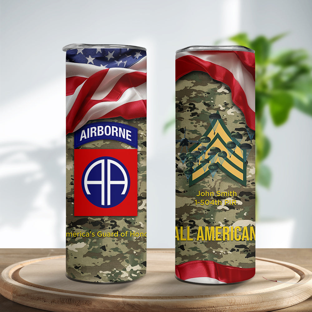 Custom Name, Rank & Unit US Army 82nd Airborne Skinny Tumbler Stainless Steel with Lids 20OZ