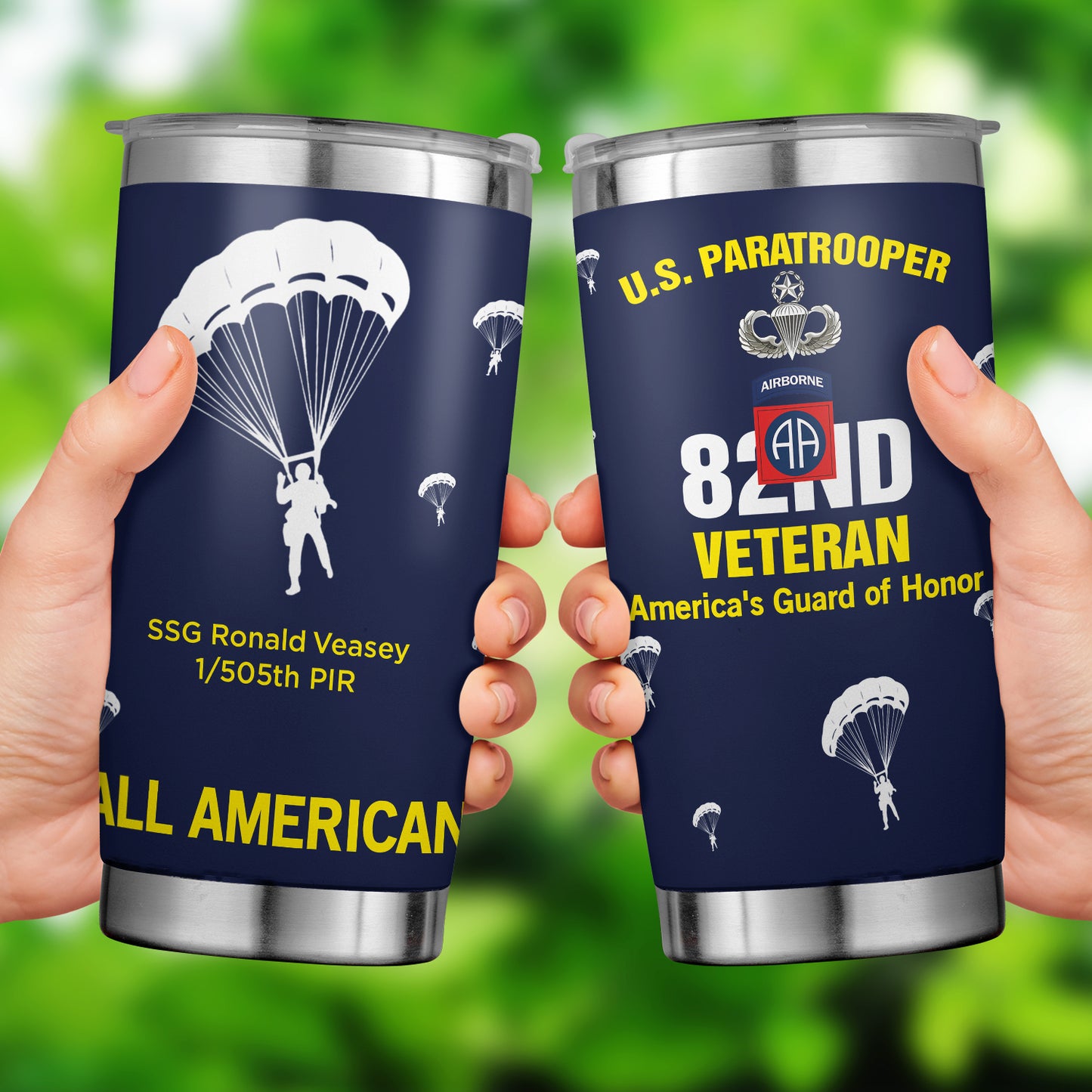 Custom Name, Rank & Unit US Army 82nd Airborne Veteran Tumbler 20oz