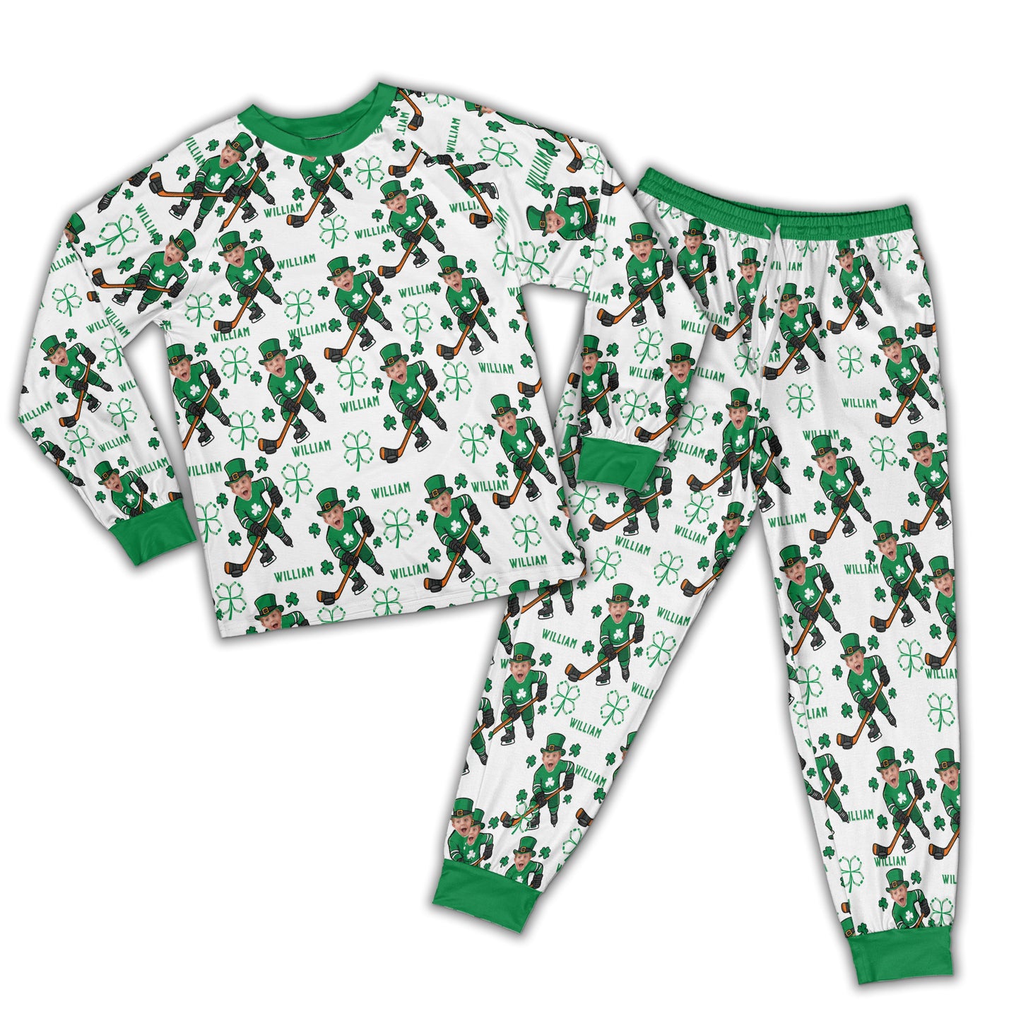 Custom Name & Face Hockey St Patrick's Day Kid Raglan Pajamas Set
