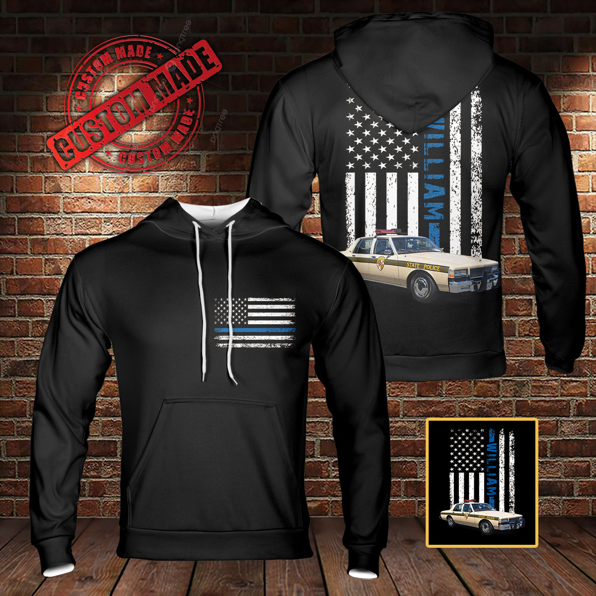 Custom Name & Police Car Blue Line American Flag 3D Hoodie NLMP2512PT08