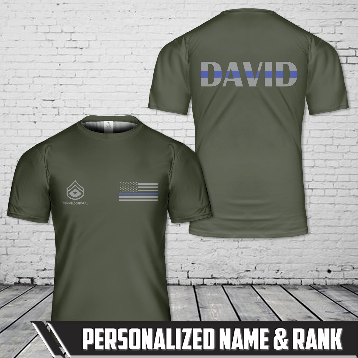 Custom Name & Rank Blue Line American Flag 3D T-Shirt