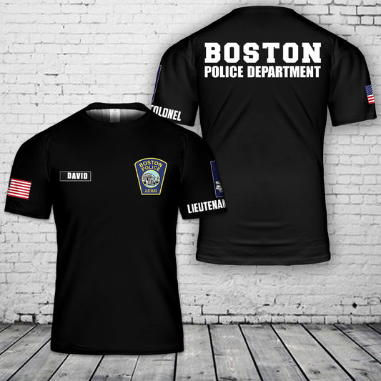 Custom Name & Rank Boston, Massachusetts, Boston Police Department (BPD) 3D T-Shirt