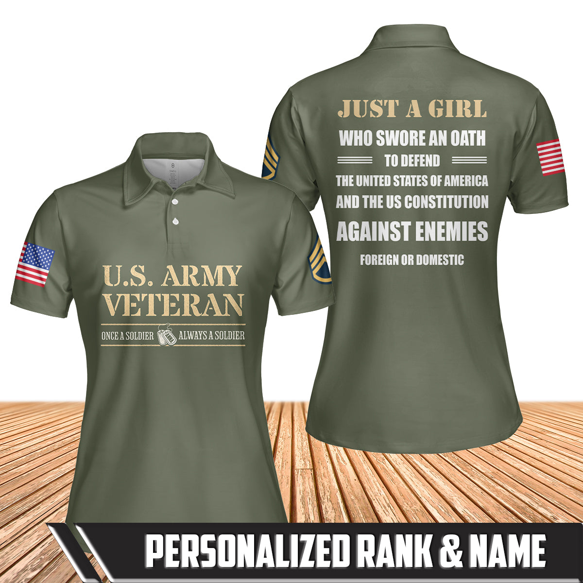 Custom Name & Rank US Army Female Veteran AOP Women's Polo Shirt