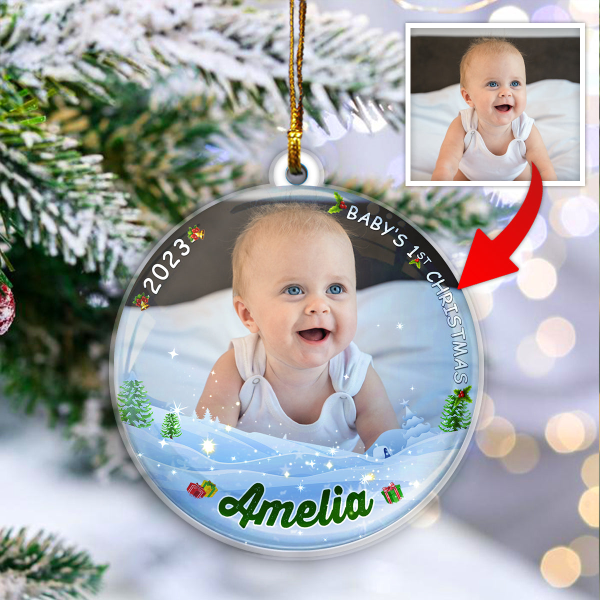 Custom Photo Baby Girls 1st Christmas Ornament
