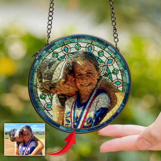 Custom Picture Softball Mom & Daughter Stained Glass Suncatcher for Window Hanging