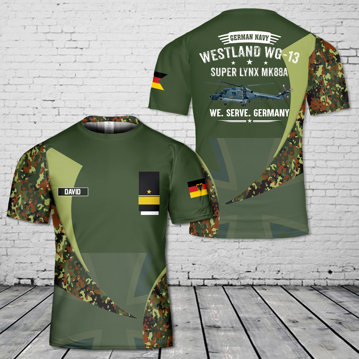 Custom Name and Rank German Navy Westland WG-13 Super Lynx Mk88a 3D T-Shirt