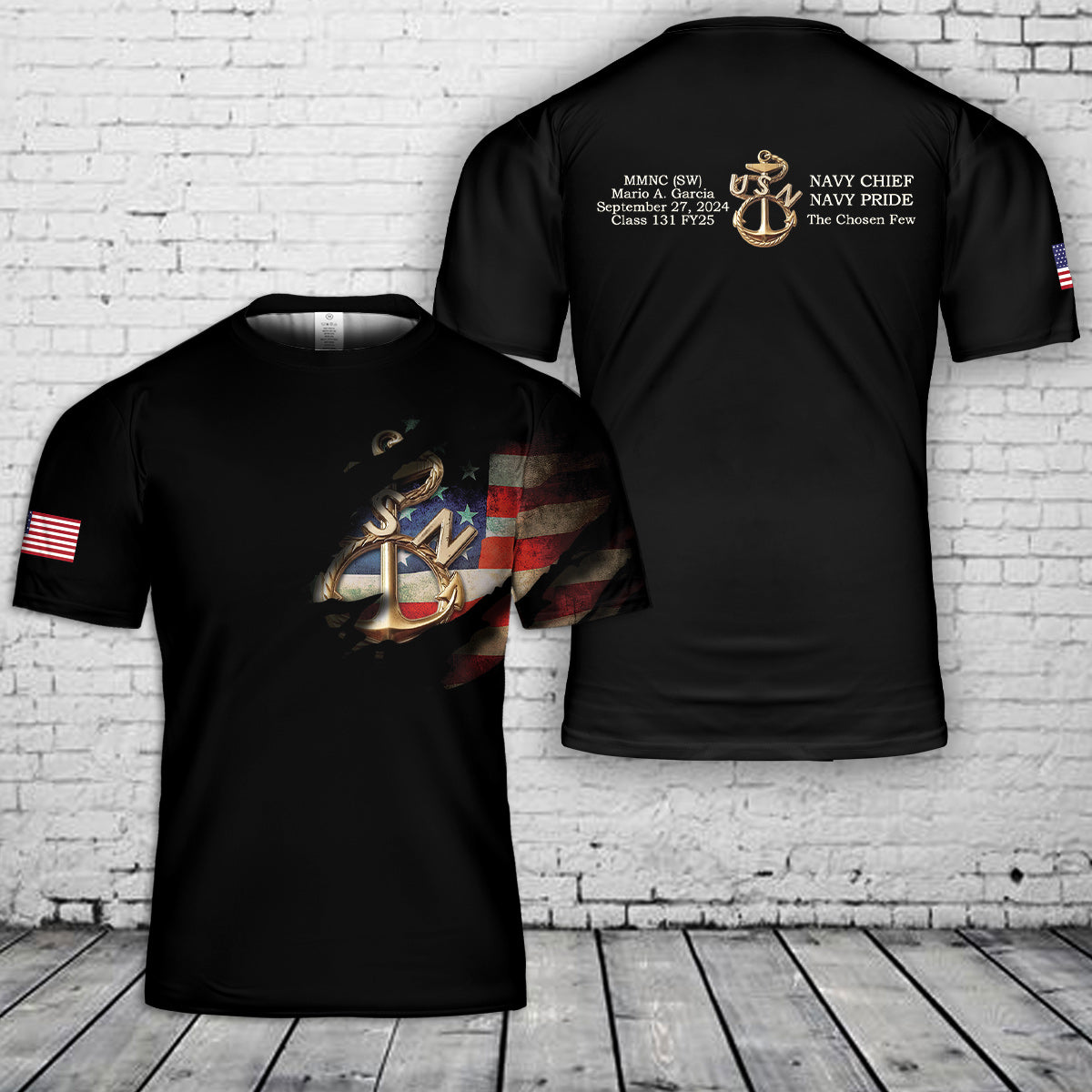 Custom Rank, Name, Class & Year Old School Navy Chiefs Anchor 3D T-Shirt