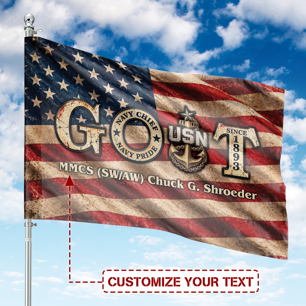 Custom Text US Navy Senior Chief GOAT Flag