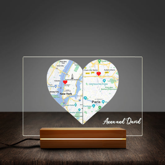 Custom Two Location & Name Heart, Valentine Custom Shape Photo Night Light