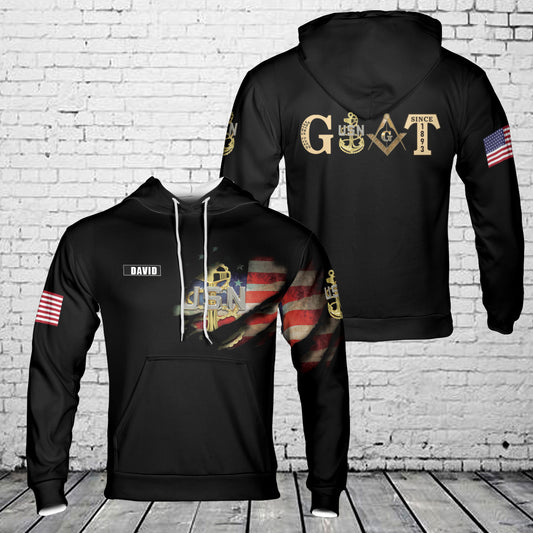 Custom name US Navy GOAT Masonic Chief 3D Hoodie