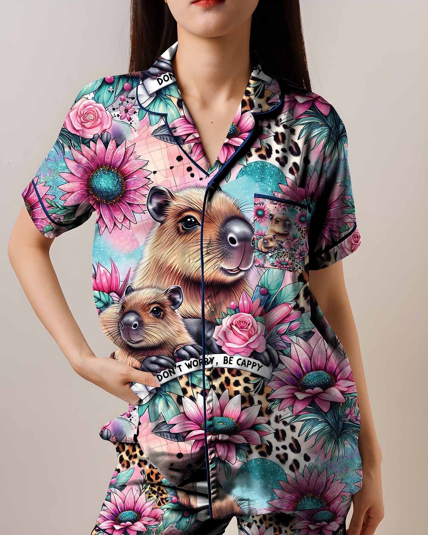 Cute Floral Capybara AOP Satin Short-Sleeve Pajamas Set
