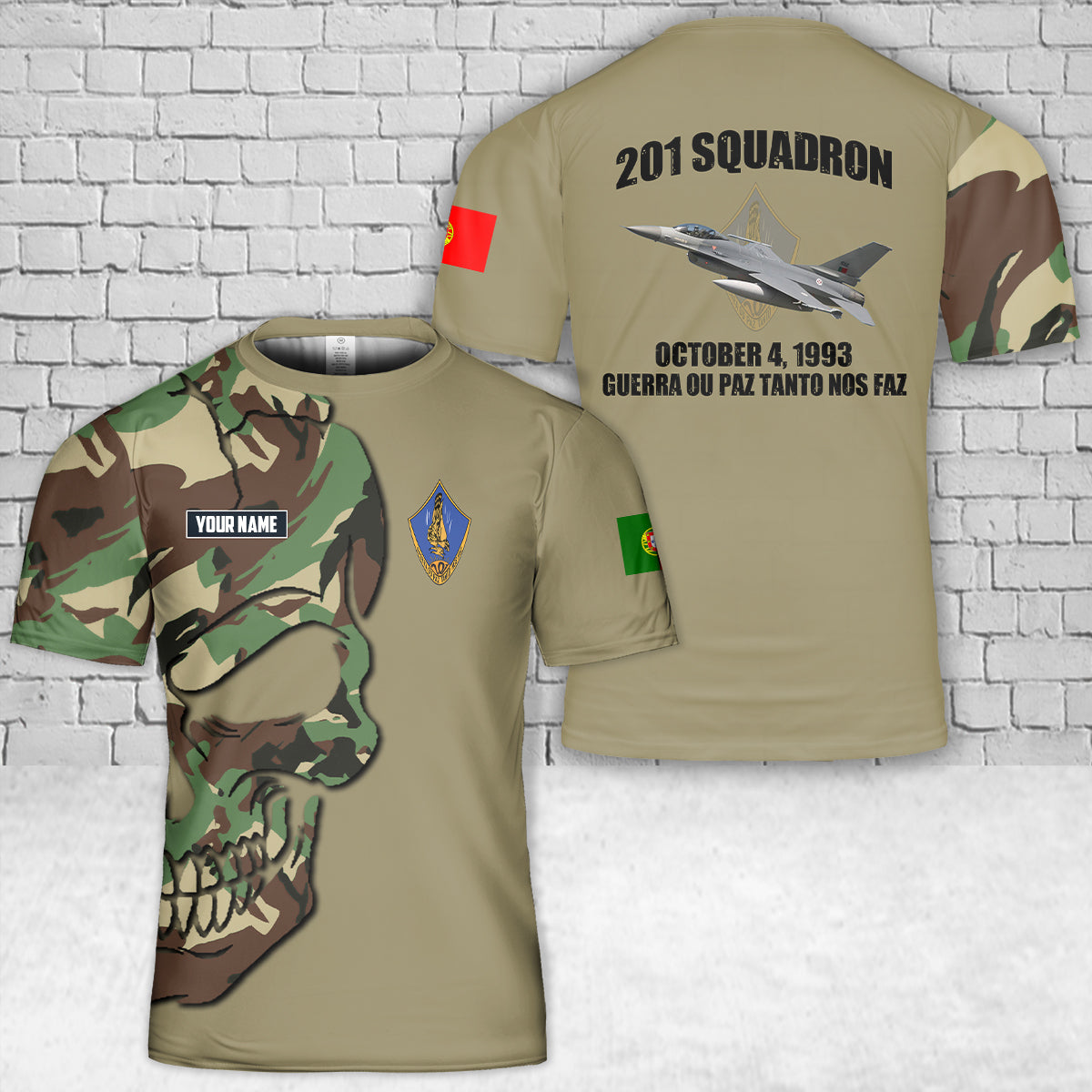 Custom Name Portuguese Air Force 201 Squadron Falcoes (Esquadra 201) F-16A Fighting Falcon T-Shirt 3D