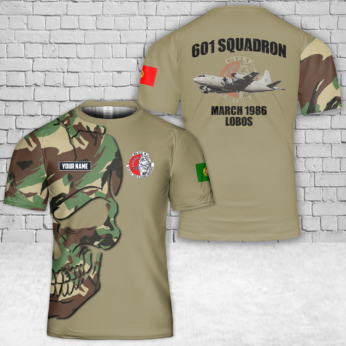 Custom Name Portuguese Air Force 601 Squadron "Lobos" (Esquadra 601) Lockheed P-3C CUP+ Orion T-Shirt 3D