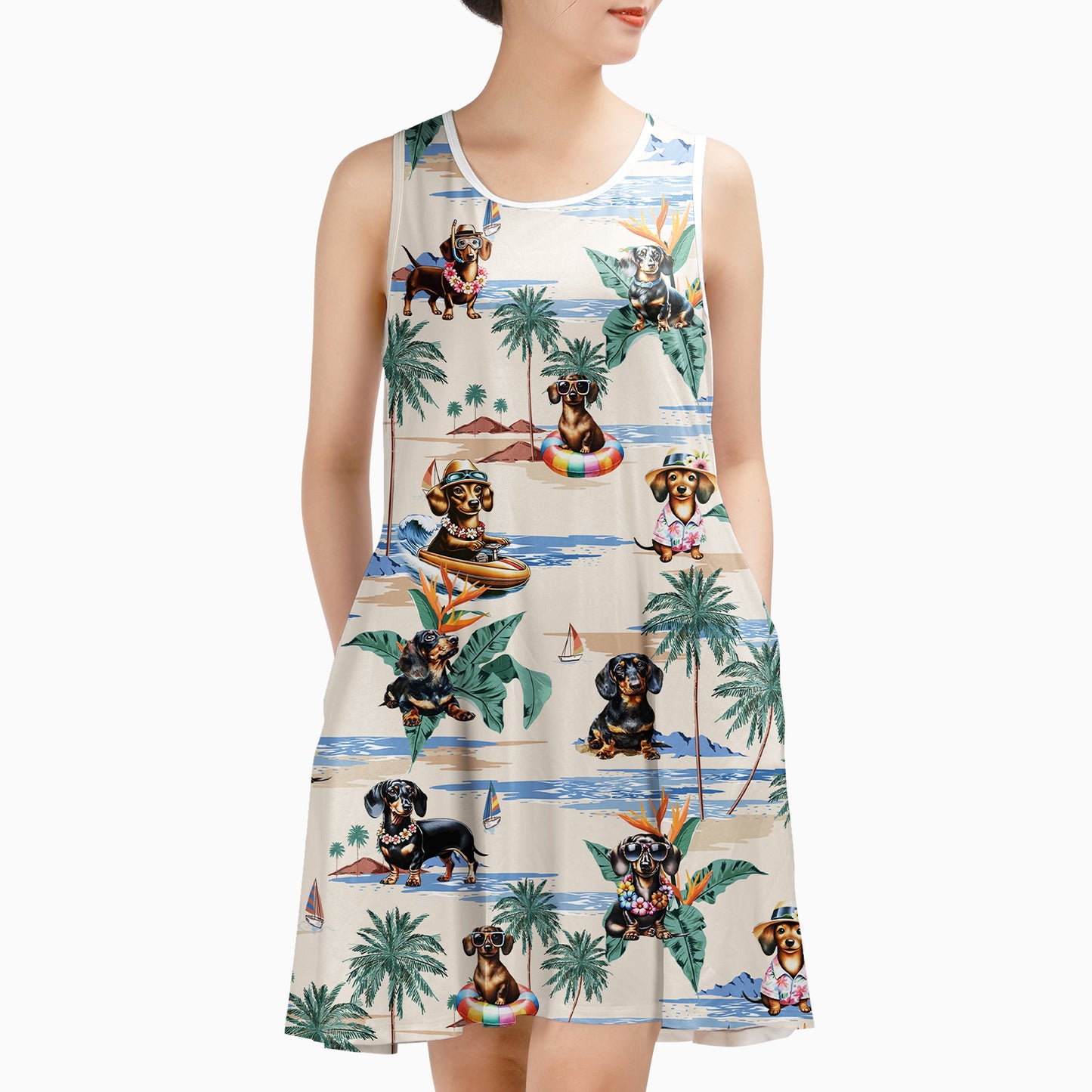 Dachshund Tropical AOP Sleeveless Dress